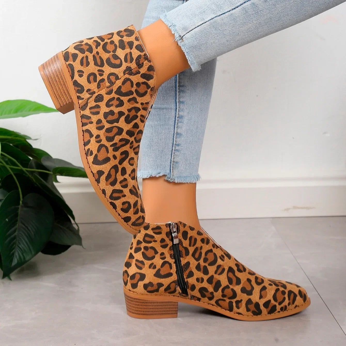 Camille | Women’s Leopard Print Ankle Boots with Zipper
