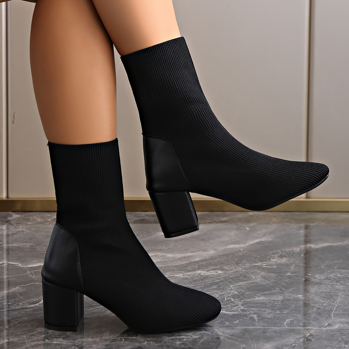 Hazel | Women’s Elegant Knit Ankle Boots with Block Heel