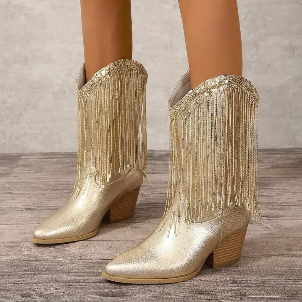 Claire | Women’s Fringe Metallic High Heel Boots