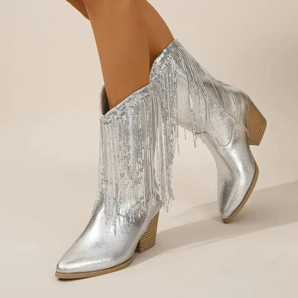 Claire | Women’s Fringe Metallic High Heel Boots