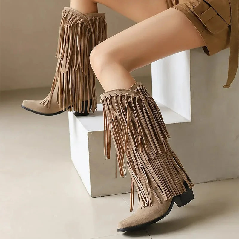 Jessica | Women’s Fringe Knee-High Boots Western Style