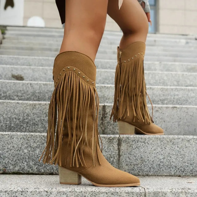 Bella | Women’s Fringe High Heel Boots with Studs