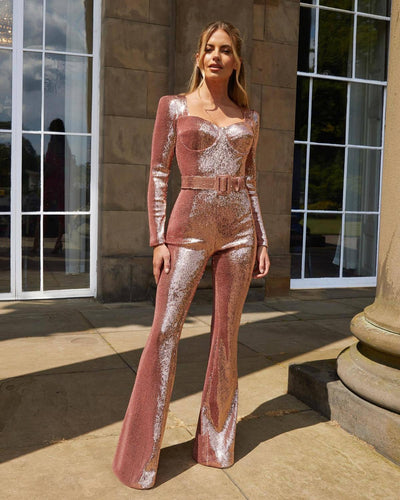 Bianca | Women Sparkly Sequin Belted Evening Jumpsuit