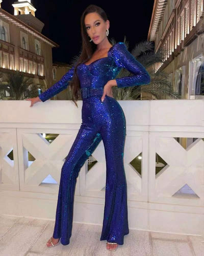 Bianca | Women Sparkly Sequin Belted Evening Jumpsuit